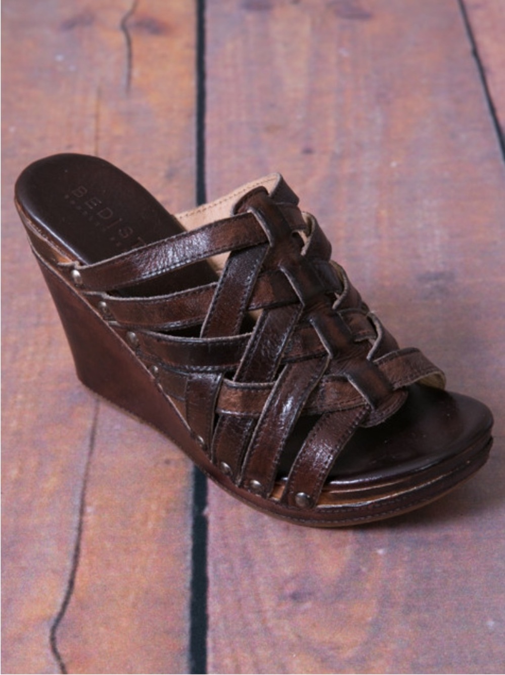 Bed Stu Gina Handmade Leather Studded Wood Platform Wedges Sandals Shoe 10 Brown